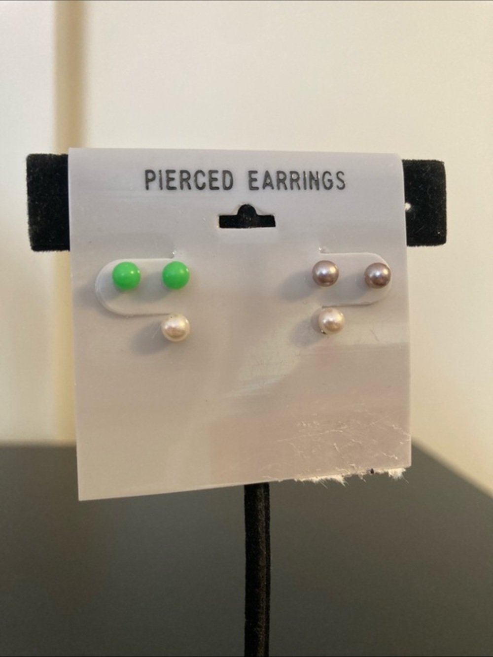 Set of 3 Pair Stud Earrings - Green, Pearl, Silver-Tone